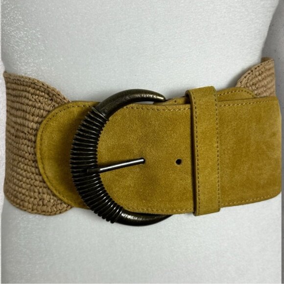 Sezane Carlie Belt Honey Wide Buckle Leather Antique Gold Size 80 cm 31.5 Inches - Picture 6 of 16